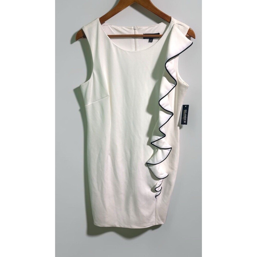 Glamour Dress Size 14 White Ruffle Sheath Sleeveless Lined Midi Career NWT